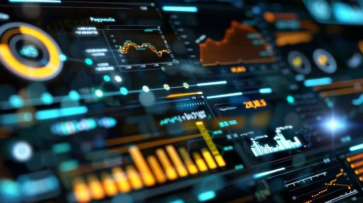 Multi-panel digital dashboard representing data pipeline flows