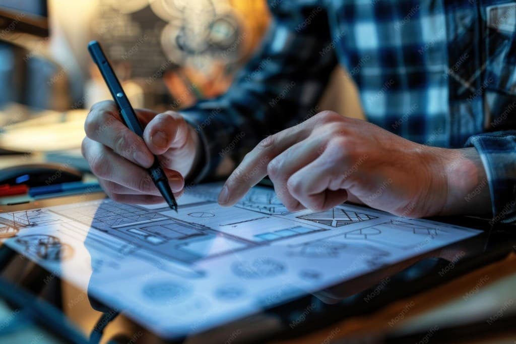 Designer using a stylus on a digital tablet for product blueprints