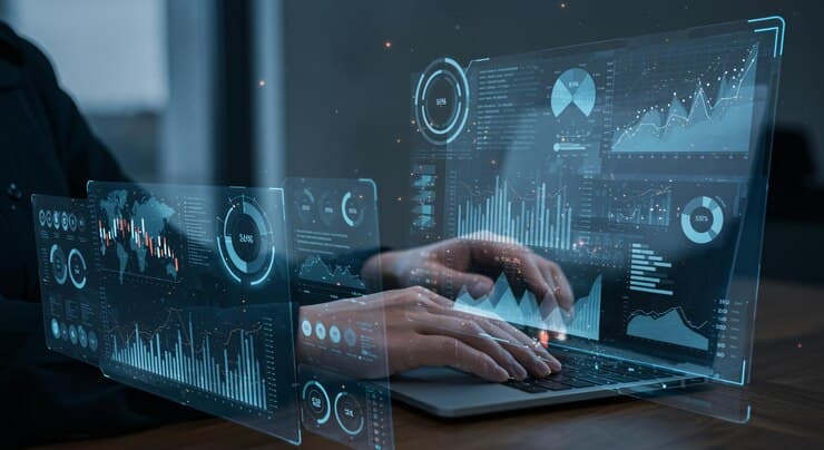 Holographic dashboards representing multi-step workflow orchestration