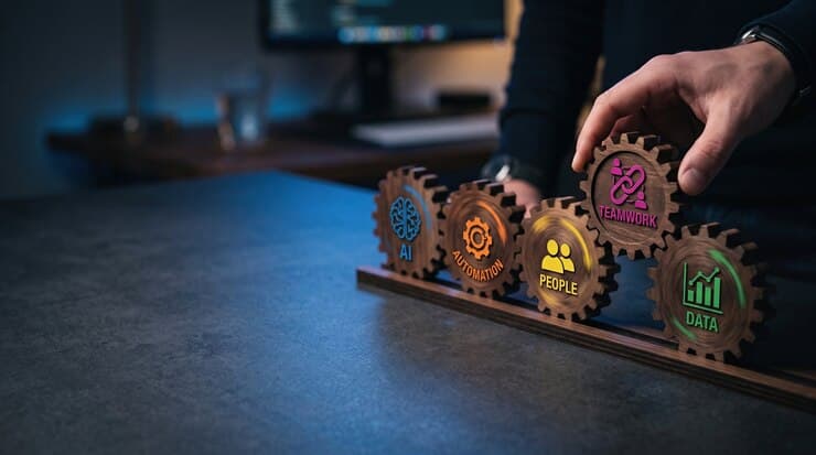 Interlocking gears representing connected business systems